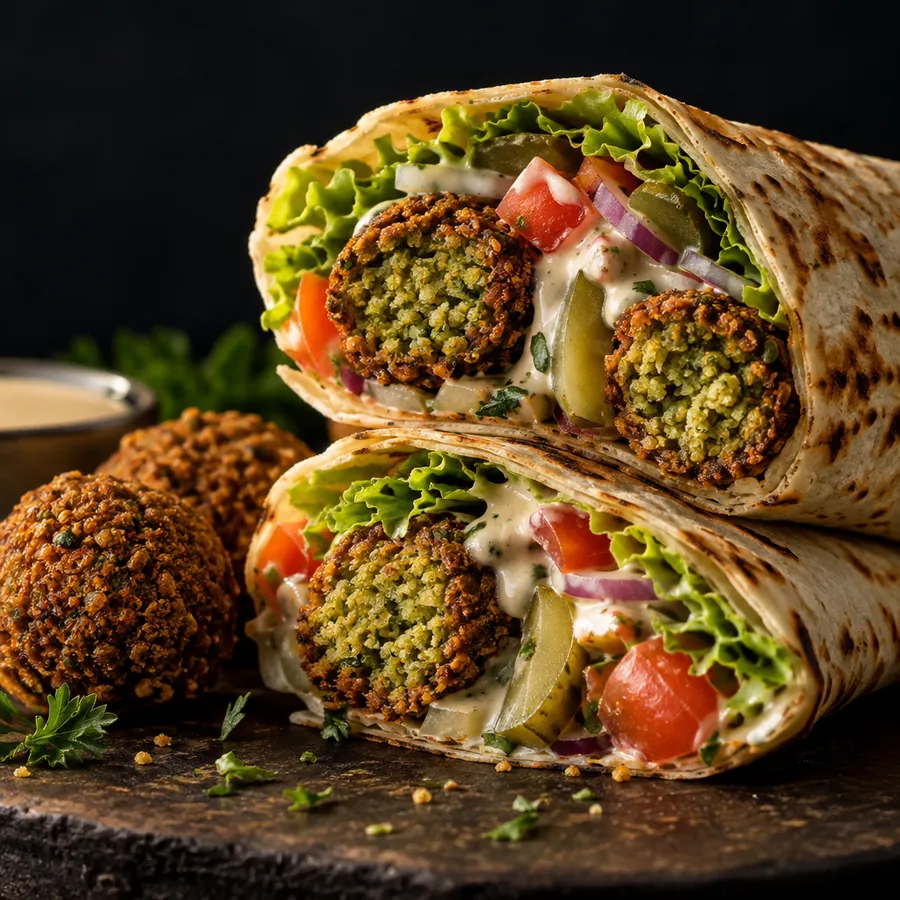 Rollo de falafel cortado con verduras y salsa tahini