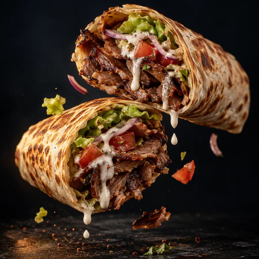 Kebab en rollo cortado por la mitad con carne, lechuga, tomate y salsa blanca