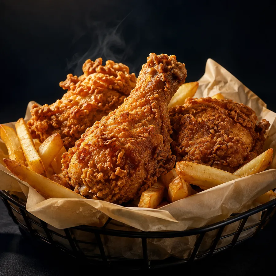 Cesta de pollo frito crujiente con patatas